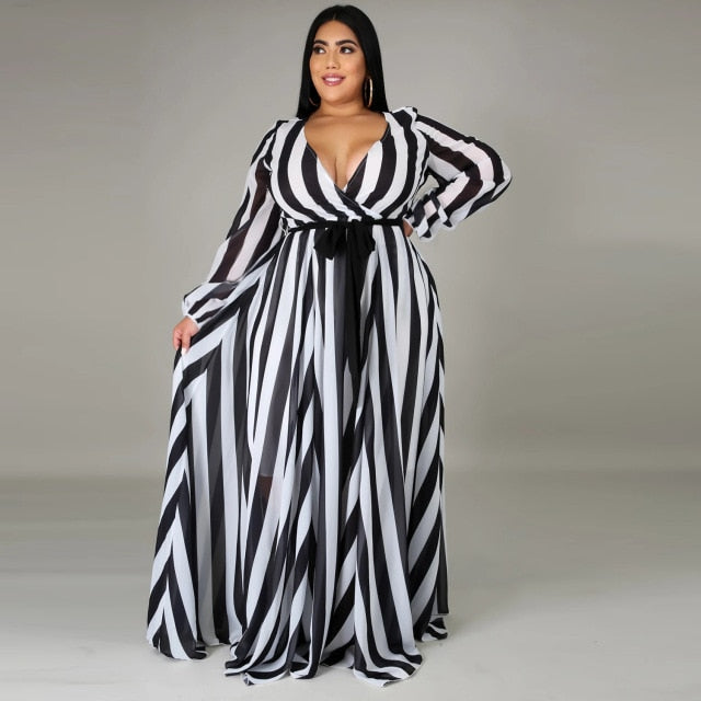 Long Sleeve Cross V-Neck Maxi Dress Bohemia Dress Full Plus Size Dress