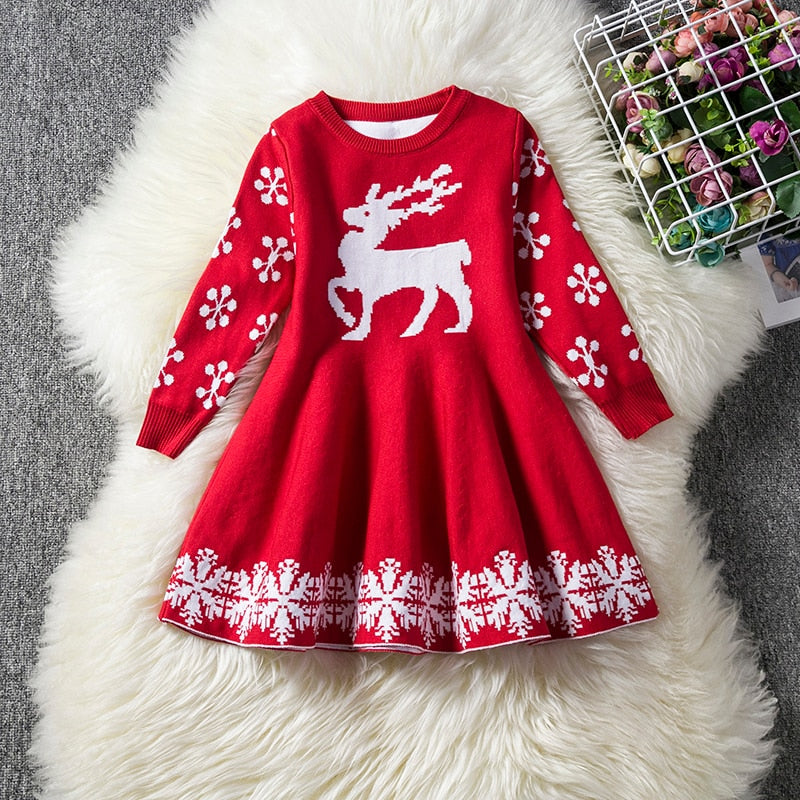 Girls Knitting Sweater Winter  Autumn Full Sleeve Elk Christmas Dress
