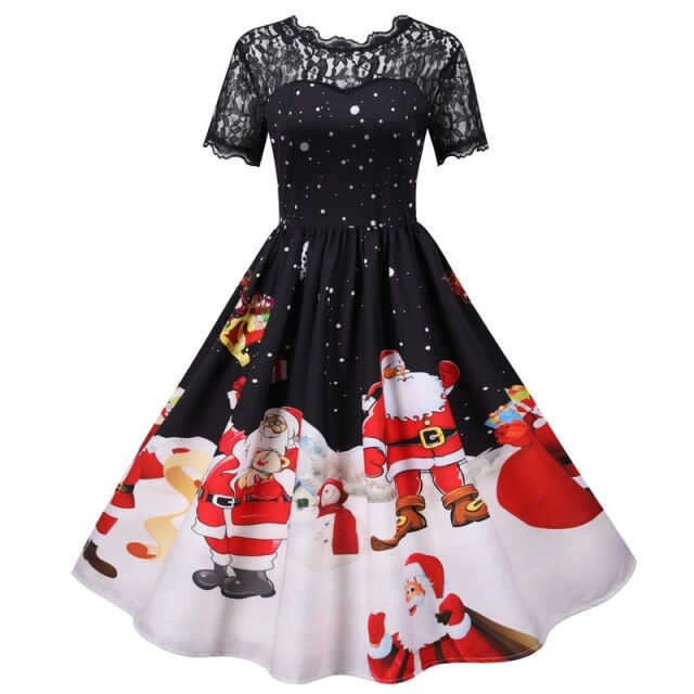 Women's Short Sleeve Lace Santa Claus Print High Waist Christmas Dress