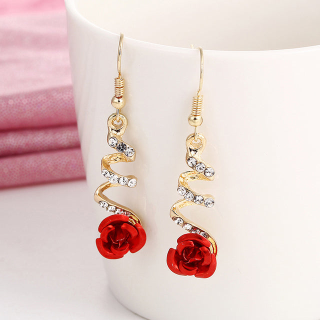 Red Rose  Big Rhinestone Earrings  For Women Rose Gold Spiral Dangle Earring