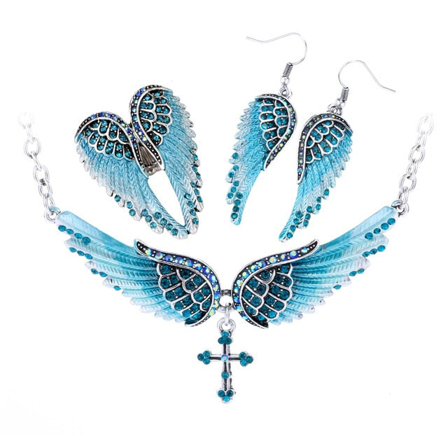 Angel Wing Cross Necklace Earrings Ring Sets Women