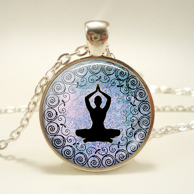 Glass Cabochon Buddhism Indian Chakra Symbols Sign Necklace  Pendant