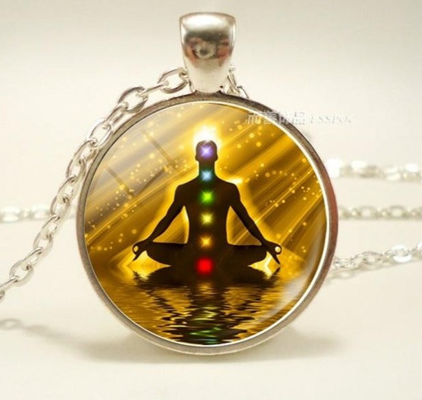 Glass Cabochon Buddhism Indian Chakra Symbols Sign Necklace  Pendant