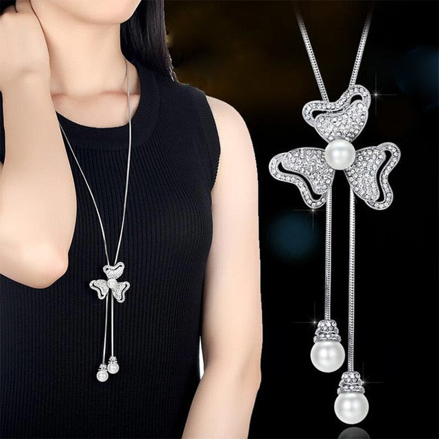 Simulated Pearl Women Silver  Crystal Flower Long Necklace & Pendant