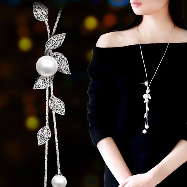 Simulated Pearl Women Silver  Crystal Flower Long Necklace & Pendant