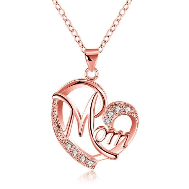 Fashion Letter MOM Heart Shape Inlaid Crystal Pendant Necklace