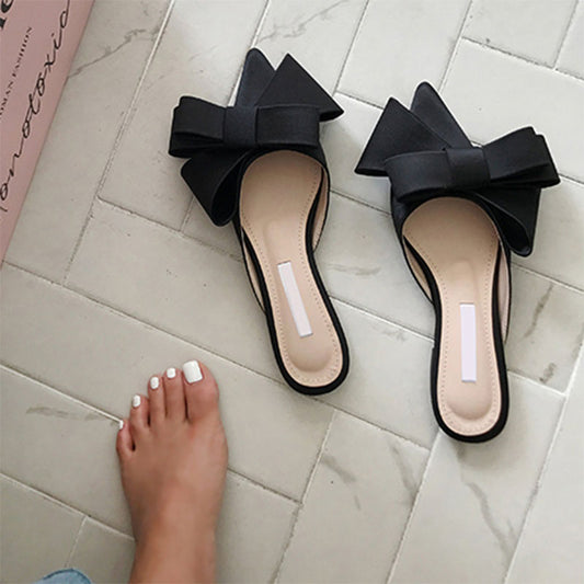 Silk satin Pointed bow tie slippers  flat heel  semi slippers women's shoes
