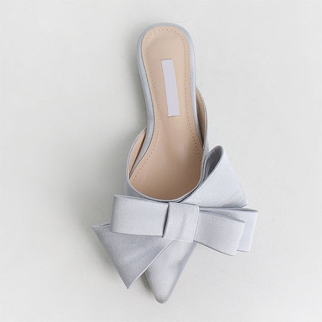 Silk satin Pointed bow tie slippers  flat heel  semi slippers women's shoes