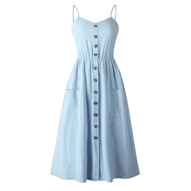 Elegant Button Cotton Midi ladies Dress